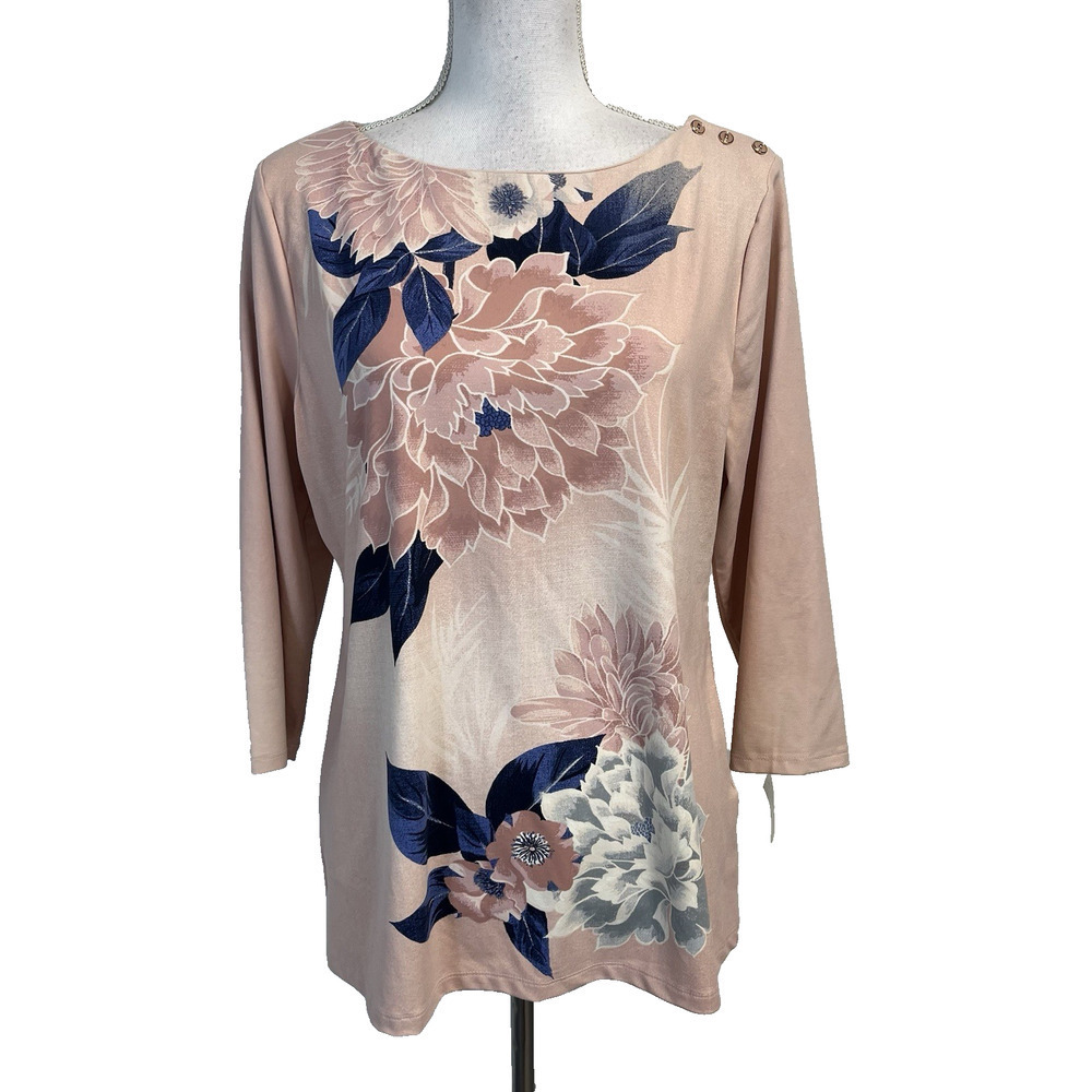 Charter Club Top Pullover sz Large Mauve Pink Blue Floral Stretch Career Casual